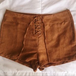 Brown Lace Up Faux Suede Shorts
